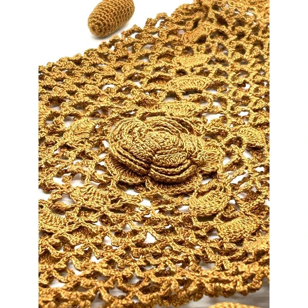 Vintage Handmade Open Crochet Drawstring‎ Handbag Purse Bag Unlined